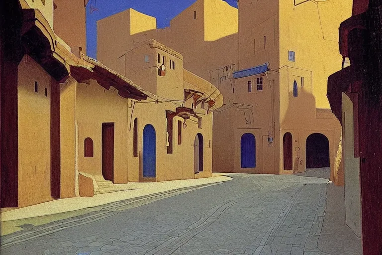 Image similar to winding street at midnight in a very old very beautiful city in saudi arabia by George Price Boyce and Nicholas Roerich and William Dyce, glowing paper lanterns, strong dramatic cinematic lighting , ornate tiled architecture, lost civilizations, smooth, sharp focus, extremely detailed