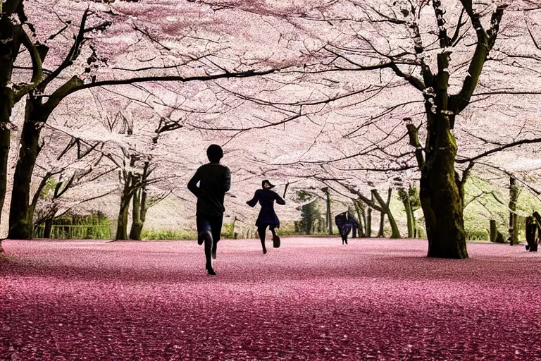 Prompt: vfx movie scene closeup japanese couple running through cherry blossom forest, natural lighting by emmanuel lubezki