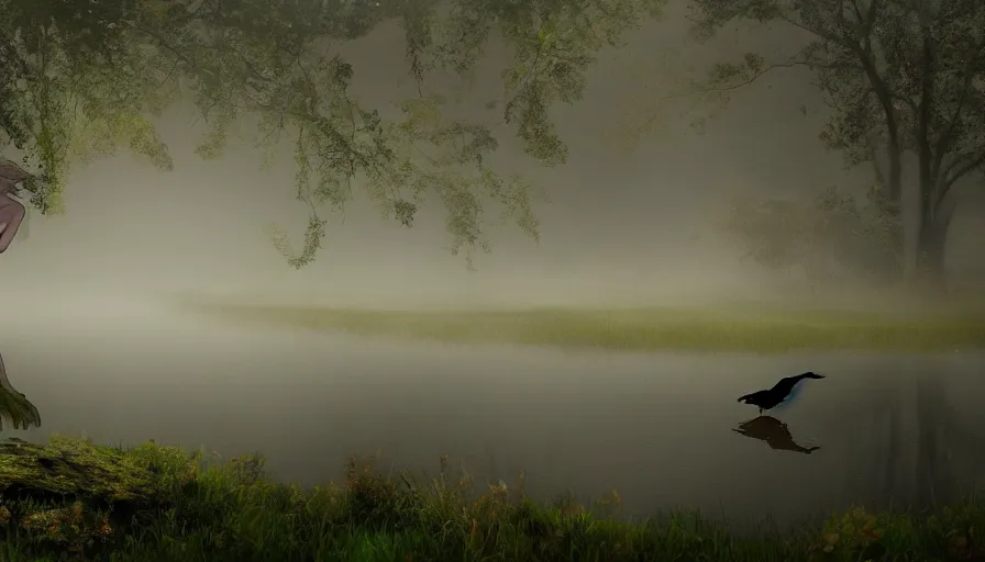 Image similar to a fairy riding a heron over a misty lake, ambient lighting, light bloom, in the style of Edward Robert Hughes!!!! and Over the Garden Wall