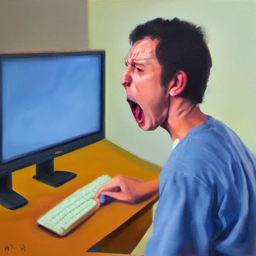 Image similar to an angry man yells at his computer monitor, oil on canvas, highly detailed, high resolution