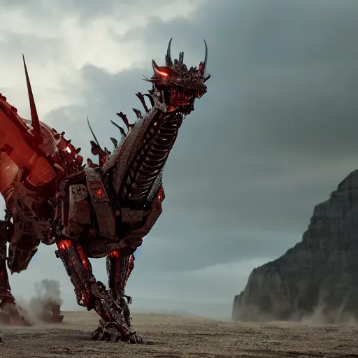 Image similar to cinematic still of westworld, a full body red stunning intricate si - fi robotic fantasy dragon, well armored mech dragon, highly detailed