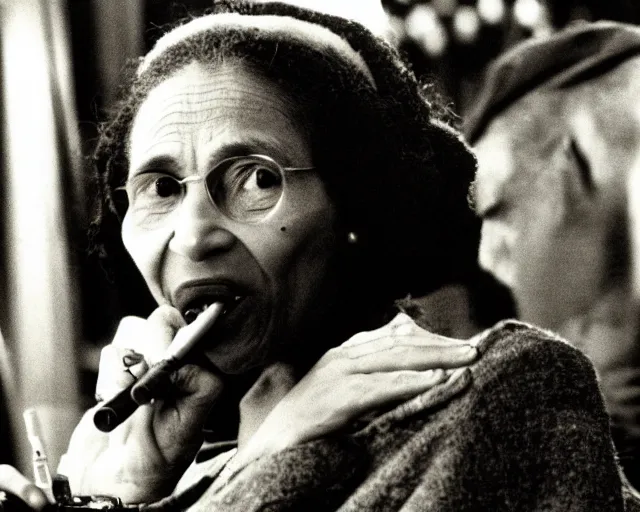 Prompt: Rosa Parks smoking cannabis from a bong , next to Bob Marley; cinema film; art direction; dramatic Studio lighting by John Gaeta