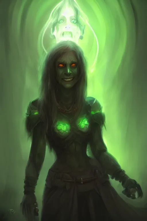 Prompt: half - length portrait, necromancer smiling, ominous. green lighting. fantasy, digital painting, hd, detailed.