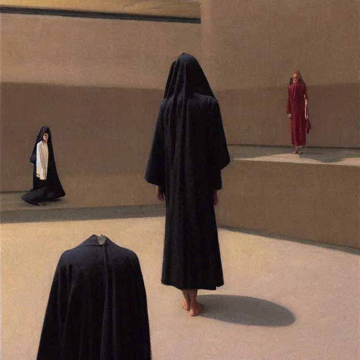 Image similar to woman in black robes, short skirt, in magnificent shopping mall, oil painting by edward hopper, zdislav beksinski, wayne barlowe