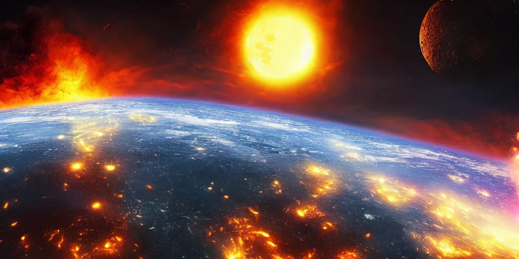 Prompt: Earth on fire and the moon exploding in the spatial background while the universe is pitch black , realistic 4k octane beautifully detailed render, 4k post-processing, highly detailed, intricate complexity, epic composition, magical atmosphere, cinematic lighting, masterpiece, ultra hd