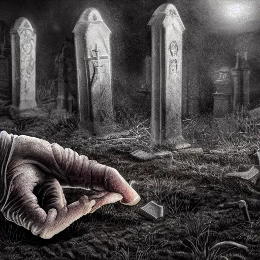 Prompt: A rotting arm emerging from a grave in a scary cemetery,gloomy lighting , digital art , highly detailed , high contrast, beautiful lighting, award winning , trending on art station, 8k