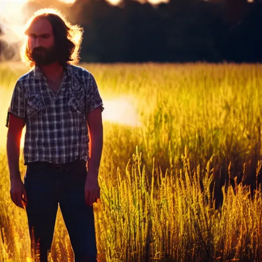 Prompt: a still of a 20's something man hippie standing in a large field of living plants. Magic hour, backlit, lens flare, smoke in the air.