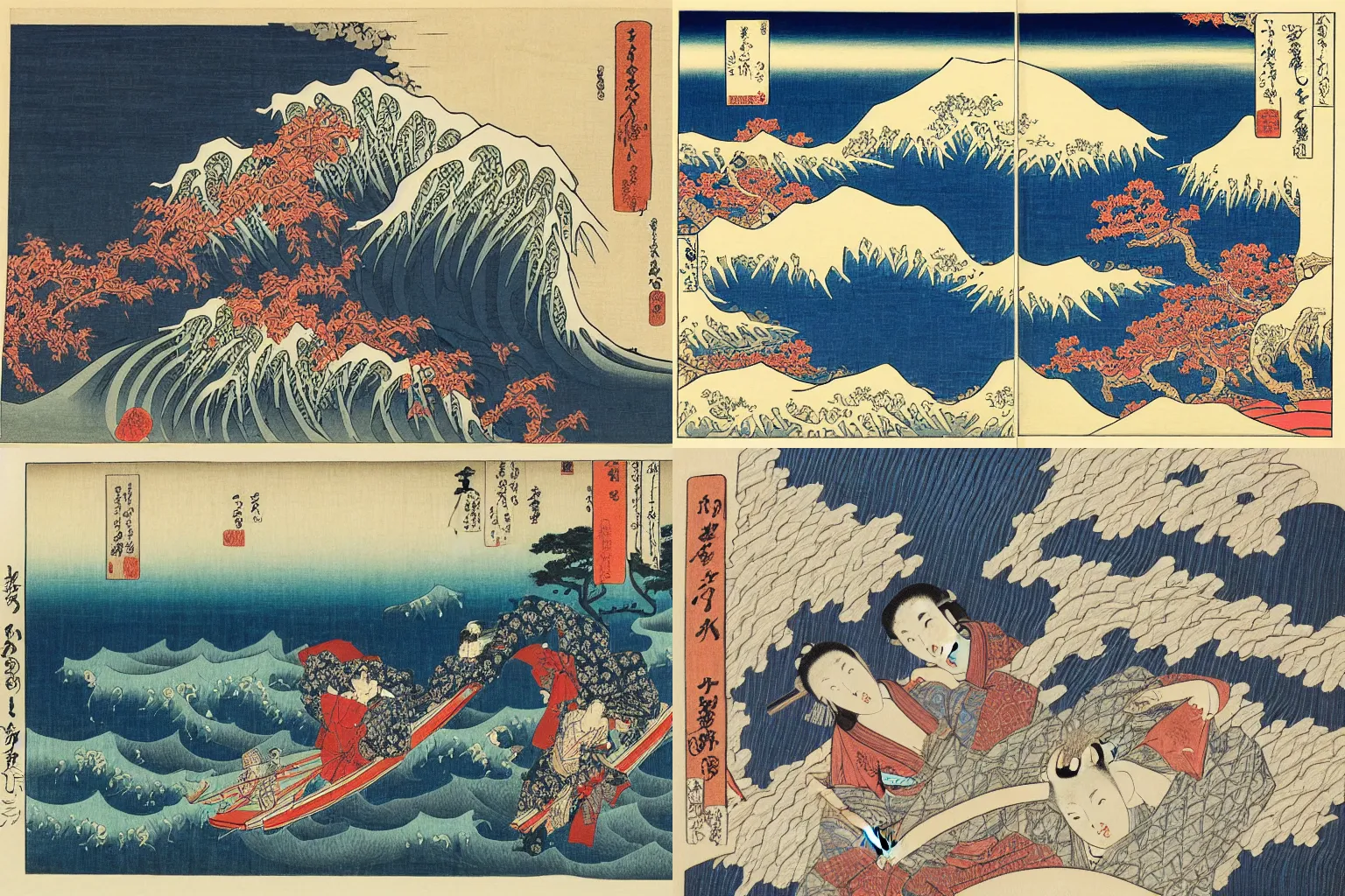 Prompt: an amazing ukiyoe drawing of a poetic scene katsushika hokusai and utagawa hiroshige, masterpiece, hyperdetailed!!!, intricate, complex, closeup, 4 k