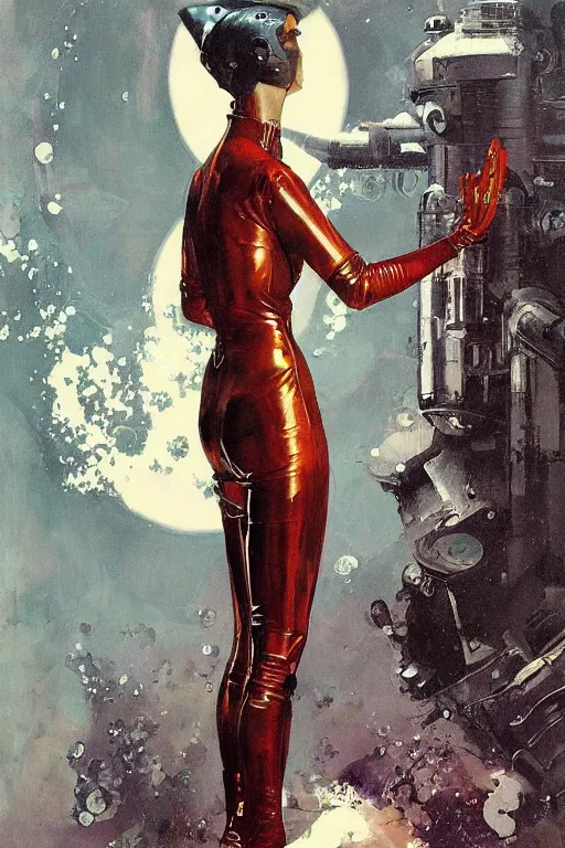 Prompt: pulp scifi fantasy illustration full body portrait of elegant woman wearing latex spacesuit, by norman rockwell, jack kirby, bergey, craig mullins, ruan jia, jeremy mann, tom lovell, 5 0 s, astounding stories, fantasy