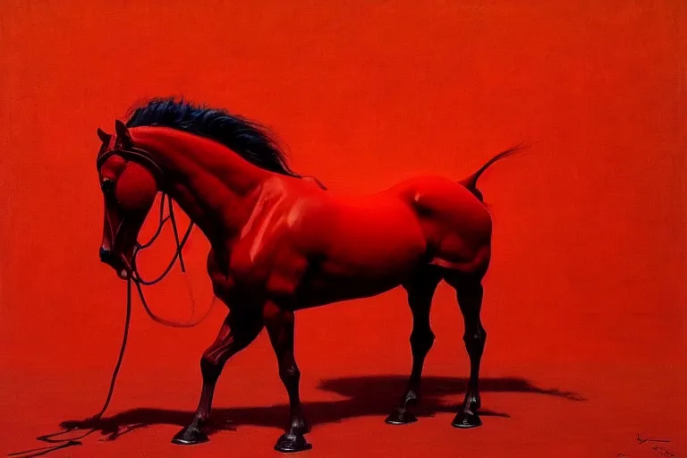 Image similar to a red horse, in the style of beksinski, parts by edward hopper, parts by rodcenko, parts by yue minjun, intricate and epic composition, red by caravaggio, insanely quality, highly detailed, masterpiece, red light, artstation, 4 k