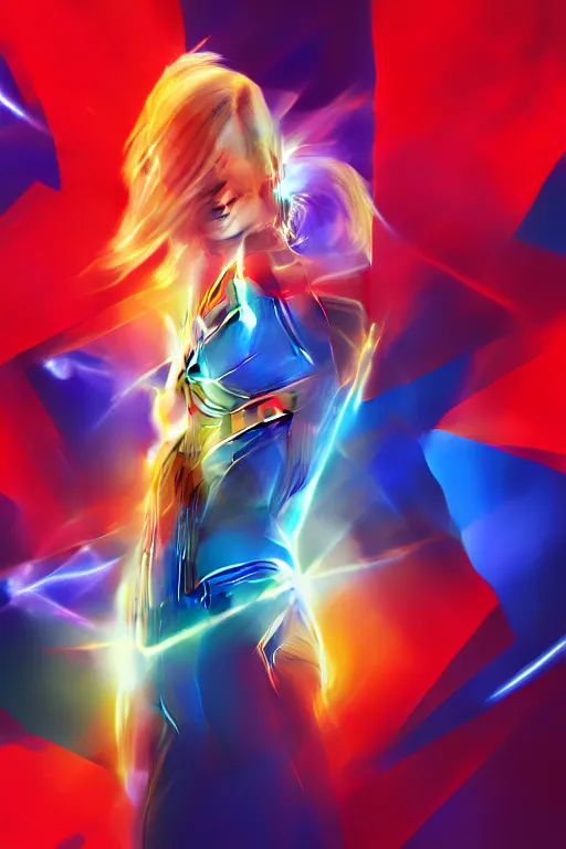 Image similar to Brie Larson as Captain Marvel high quality digital painting in the style of Lisa Frank