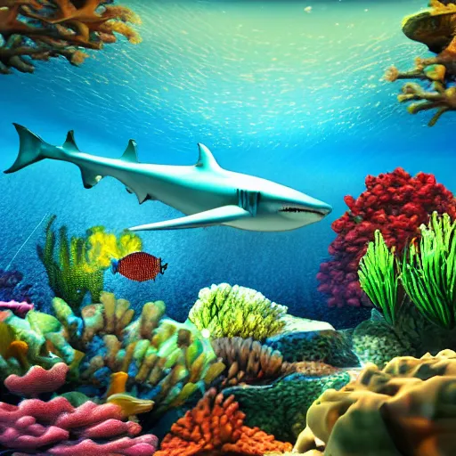 Image similar to coral reef with fish and sharks hyper realistic, volumetric lighting cinematic shadows