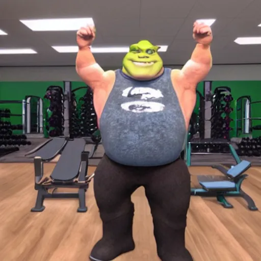 Image similar to shrek goes to the gym to get ripped