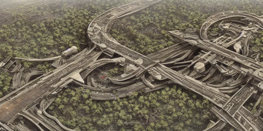 Prompt: cinematic still of hyper detailed highway realistic afro steampunk designed by frank lloyd wright architect, helicopters, deep perspective, wide angle, insanely detailed and intricate,