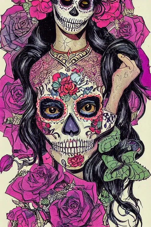 Prompt: Illustration of a sugar skull day of the dead girl, art by m w kaluta