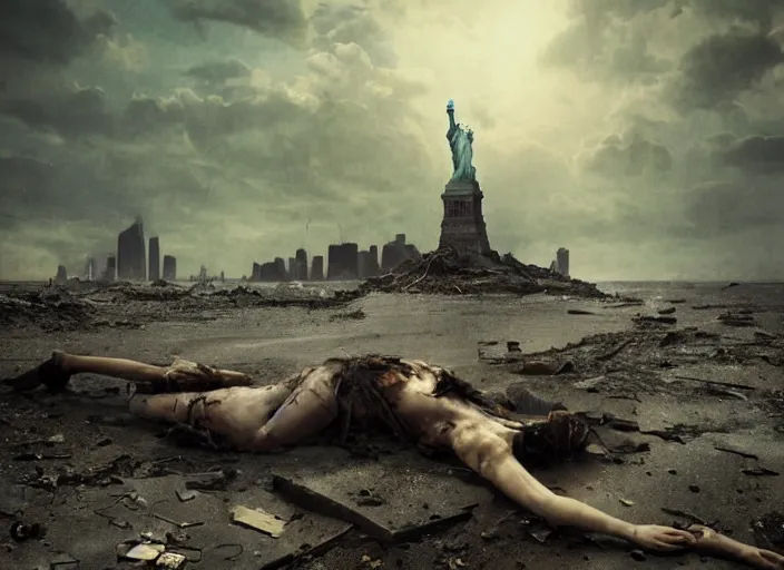 Image similar to a Photorealistic dramatic hyperrealistic render of a ruined destroyed decayed statue of liberty laying in pieces on a desolate beach in a post-apocalyptic world, futuristic nuclear apocalyptic planet of the apes vibe, by WLOP and Artgerm and Greg Rutkowski and Alphonse Mucha, Beautiful dynamic dramatic dark moody lighting, shadows, cinematic atmosphere, Artstation, concept design art, Octane render, 8K, masterpiece