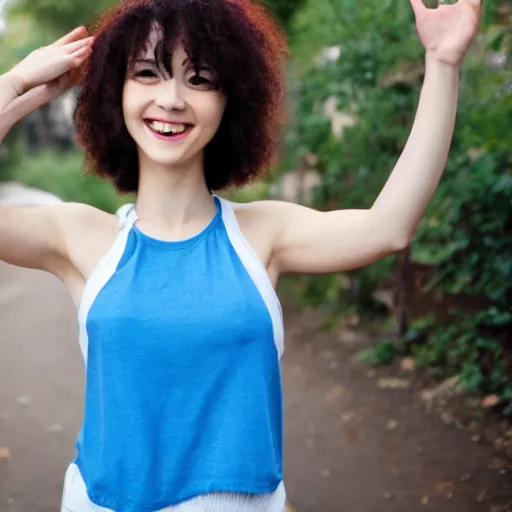 Prompt: anime woman with short pink hair in a bob style, light brown eyes, blue tank top, black pants, waving and smiling