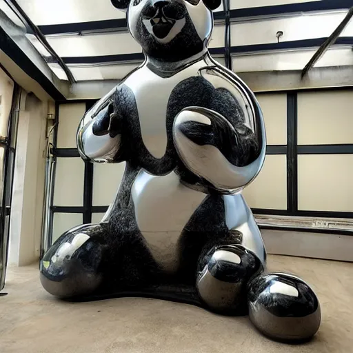 Prompt: large chrome statue in the shape of a panda