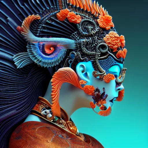 Prompt: 3 d goddess close - up profile portrait with smoke biomechanics with ram skull. beautiful intricately detailed japanese crow kitsune mask and classical japanese kimono. betta fish, jellyfish phoenix, bio luminescent, plasma, ice, water, wind, creature, artwork by tooth wu and wlop and beeple and greg rutkowski. gold and black and teal and orange color scheme