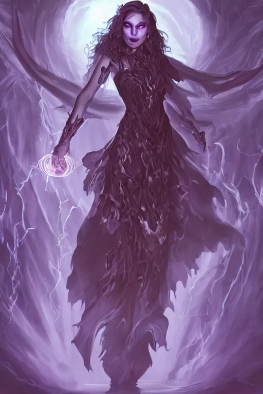 Image similar to a standing witch from D&D called Victoria conjuring a spell surrounded by violet rays and overlays, dark fantasy illustration, realistic, soft lighting, art by Artgerm and Peter tang,