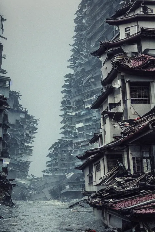 Image similar to tsunami in taipei. buildings collapsing. highly detailed architecture, atmosphere, dramatic light, epic composition, wide angle, by miyazaki, nausicaa ghibli