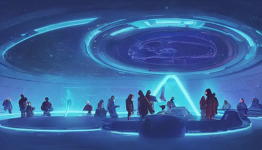 Prompt: a space ship circular room with bright holodesk in the center showing a blue hologram of a solar system, standing dark people discussing, contrasted light, clair obscur, illustration, clean lines, star wars vibe, by sead mead, by feng zhu!!! by moebius, vivid colors, spectacular cinematic scene