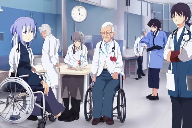 Prompt: a cute young female doctor wearing white coat are serving an old man in a wheelchair in a hospital, slice of life anime, lighting, anime scenery by Makoto shinkai