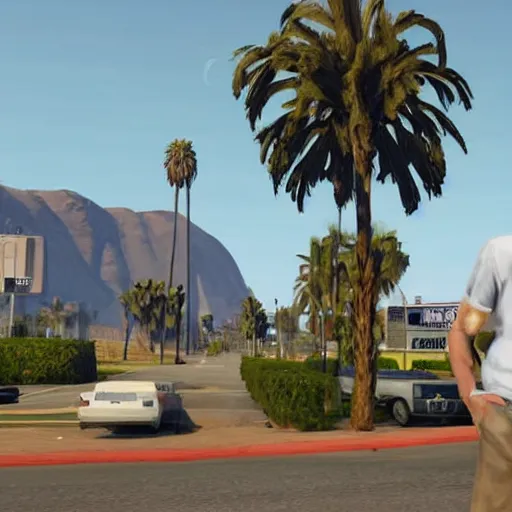 Prompt: Jeff Goldblum in GTA v. Los Santos in the background, palm trees. In the art style of Stephen Bliss.