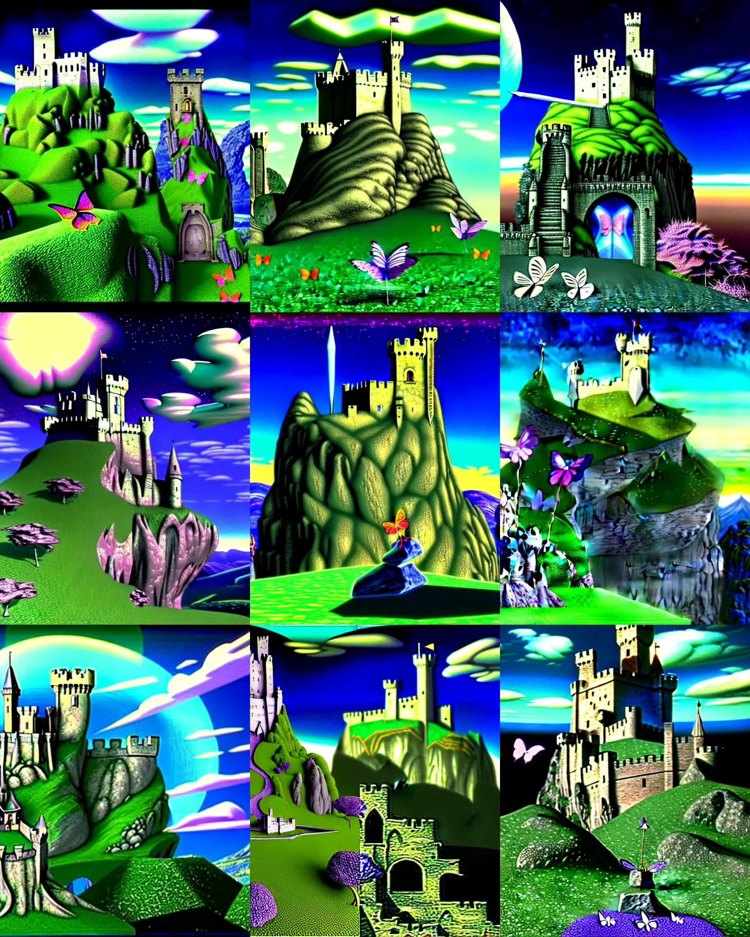 Prompt: 3 d render of sword in the stone with background of cybernetic mountain landscape with castle ruins against a psychedelic surreal background with 3 d butterflies and 3 d flowers n the style of 1 9 9 0's cg graphics against the sky, lsd dream emulator psx, 3 d rendered y 2 k aesthetic by ichiro tanida, 3 do magazine, close shot