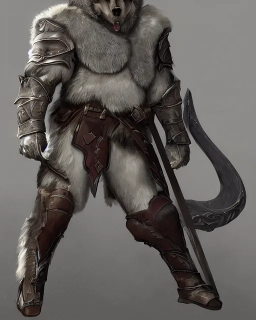Image similar to 8ft tall, grey skinned, half-giant paladin male, clean shaven head, pupiless eyes, fur stuffed breastplate with no sleaves, breastplate is envraged with a symbol of a wolf, d&d character art