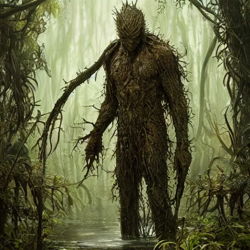 Image similar to swamp thing, ultra realistic, concept art, intricate details, eerie, highly detailed, photorealistic, octane render, 8 k, unreal engine. art by ed binkley and ellen jewett and artgerm and greg rutkowski and alphonse mucha