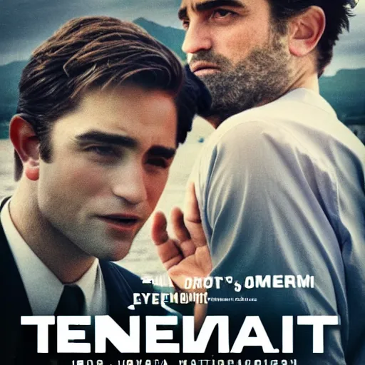 Image similar to movie poster for Tenet in the style of 1960's italian art, with John David Washington and Robert Pattinson