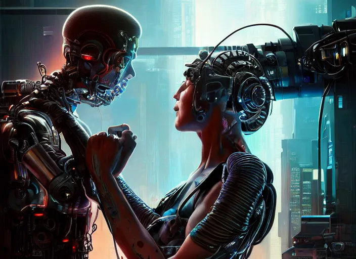 Prompt: cyberpunk, sci - fi, fantasy, ultra realistic medium shot of a couple of cyborgs kissing, lovers, joined by cables, backlight, led, unreal engine, octane render, soft light, night, highly detailed, digital painting, concept art, sharp focus, illustration, art by artgerm and greg rutkowski and alphonse mucha