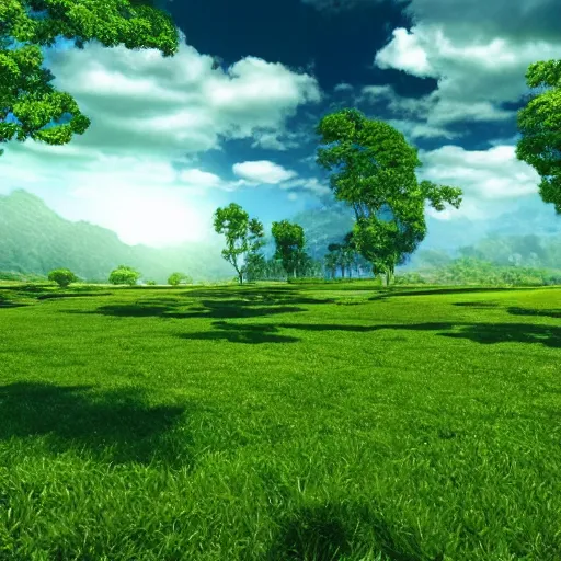 Prompt: a lush green field, with dragons flying overhead, a sense of awe,, monogon, plasma display, glossy, charred, water, ray tracing reflections,