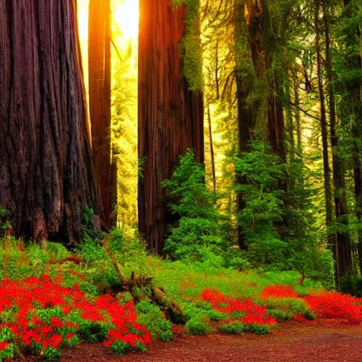 Prompt: A fantasy landscape with flowers and beautiful tall trees, redwoods, sunset