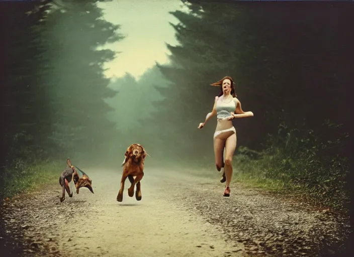 Image similar to medium shot, a young woman running towards the camera, a demon hound is chasing her, woods, polaroid photo, vintage, neutral colors, by gregory crewdson