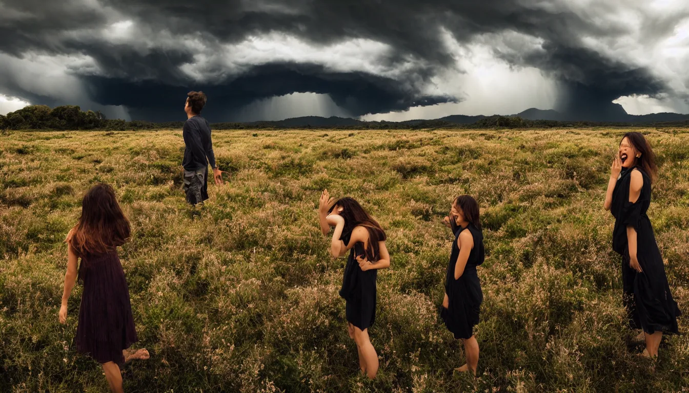 Image similar to humans , emerging hands and beautiful women’s and men screaming laughing and crying face ,biodiversity all round , dramatic dusk light illuminate , stormy clouds gather in the distance , full colour , upscale , 8k