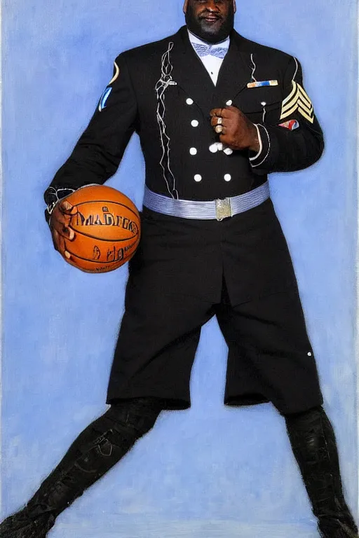 Image similar to full body portrait of shaquille o'neil as the dictator of the orlando magic, 1 8 8 9, in full military garb, magic blue, silver, and black, oil on canvas by william sidney mount, trending on artstation