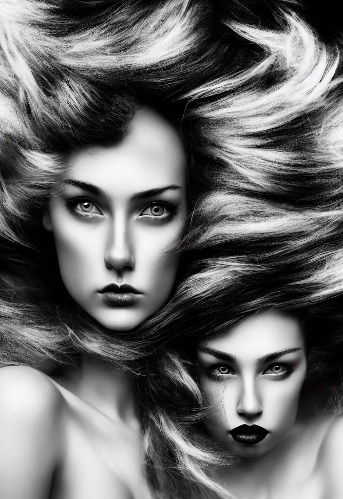 Image similar to young beautiful woman, gorgeous face, black and white photography, surreal, artist, flipped hair, 8 k, unreal engine 5, ultra sharp focus, art by victoria siemer, kirsty mitchell, laura zalenga