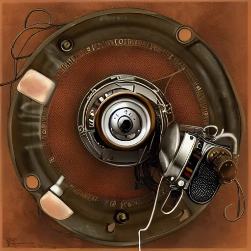 Prompt: steampunk reel to reel tape player, fisheye, digital art, 8k, fine details, trending on artstation