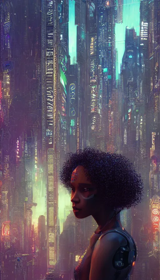 Image similar to a beautiful young Black woman, cyberpunk, Blade Runner city background, highly detailed, 8K, artstation, illustration, art by Gustav Klimt