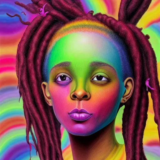 Image similar to a wide angle shot of a black girl with colorful dreadlocks in a field of candy, by Adi granov and afarin sajedi and amanda sage and evgeni gordiets and Agostino Arrivabene and adonna khare in a psychedelic portrait style, ultrarealistic matte painting, volumetric lighting, fractal, extremely symmetrical, highly detailed face, orisha, 8k, hd