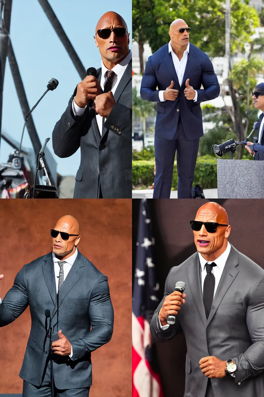 Prompt: ultra credible rock dwayne johnson in a dapper suit and fine Ray-Ban Clubmaster glasses, rock as a sophisticated public intellectual gives a speech, DSLR photo