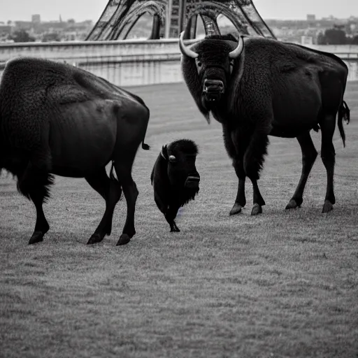 Image similar to photo of a bison on the background of the Eiffel Tower, 50mm, beautiful photo