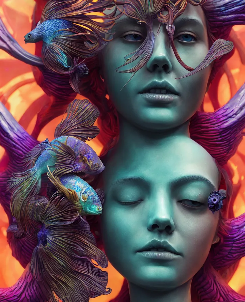 Image similar to goddess full color painted acryllic sculpture close-up portrait. orchid bird phoenix head, nautilus, skull, betta fish, bioluminiscent creatures, intricate artwork by Tooth Wu and wlop and beeple. octane render, trending on artstation, greg rutkowski very coherent symmetrical artwork. cinematic, hyper realism, high detail, octane render, 8k