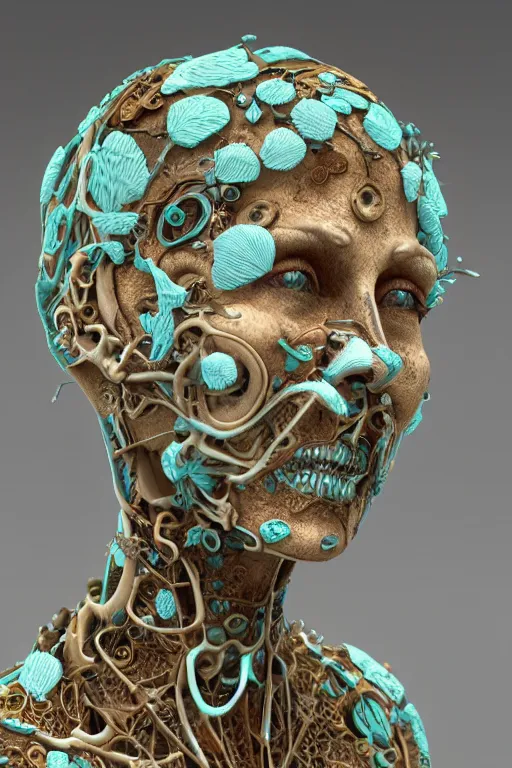 Prompt: complex 3d render ultra detailed of a beautiful porcelain old woman face, broken. rusty biomechanical cyborg, analog, 150 mm lens, beautiful natural soft rim light, big leaves and stems, roots, fine foliage lace, turquoise gold details, Alexander Mcqueen high fashion haute couture, art nouveau fashion embroidered, intricate details, mesh wire, mandelbrot fractal, anatomical, facial muscles, cable wires, elegant, hyper realistic, in front of dark flower pattern wallpaper, ultra detailed, volumetric lighting, 8k post-production