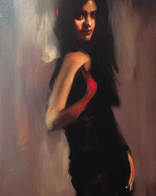 Image similar to beautiful portrait painting an gorgeous delhi girl wearing a little black dress at a nightclub, red lighting, oil painting, art by ruan jia