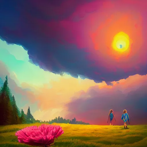 Image similar to giant carnation flower as a head, girl hiking in the mountains, surreal photography, sunrise, dramatic light, impressionist painting, colorful clouds, digital painting, artstation, simon stalenhag