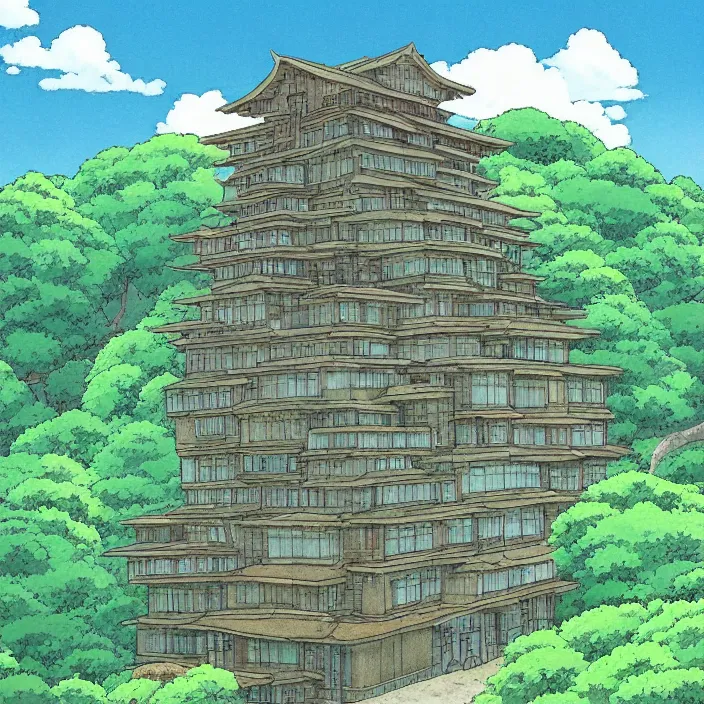 Prompt: a building in a serene landscape, by studio ghibli