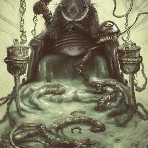 Image similar to murky sewer scene with a grinning rat king sitting on a throne, surrounded by other rats. trending on artstation, fantasy illustration, realistic, extremely detailed